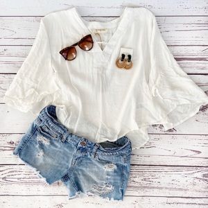 PPLA White Martina Boho Linen Flowy Short Sleeve